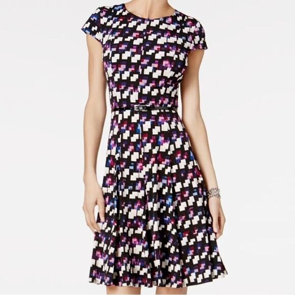 JESSICA Howard Midi Black Belted Geometric-Print A-Line Dress Size 10P - Picture 1 of 11